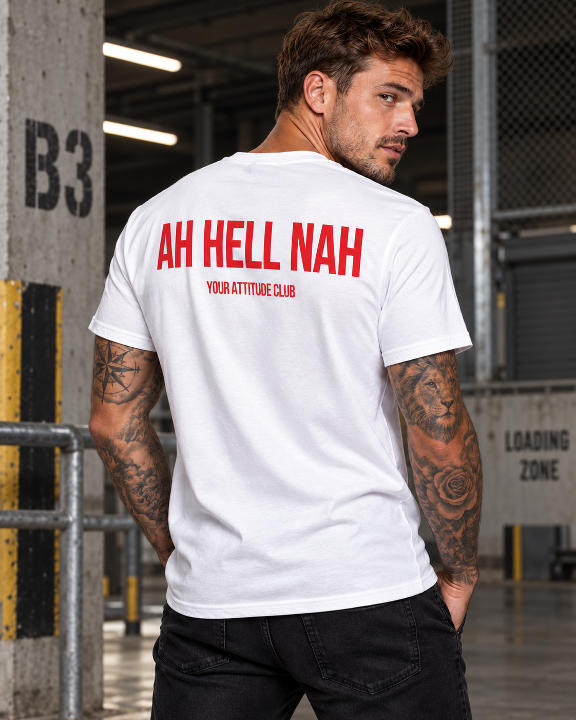 AH HELL NAH – Unisex Statement T-Shirt Weiß mit rotem Backprint | freches Sprüche Shirt für Erwachsene