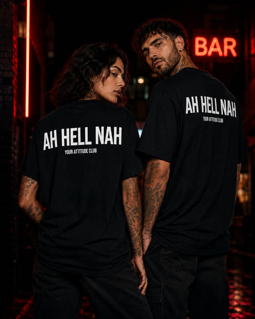 AH HELL NAH – Unisex Oversize T-Shirt mit Backprint, lustiges Statement Shirt, Streetwear Geschenk für Frauen und Männer