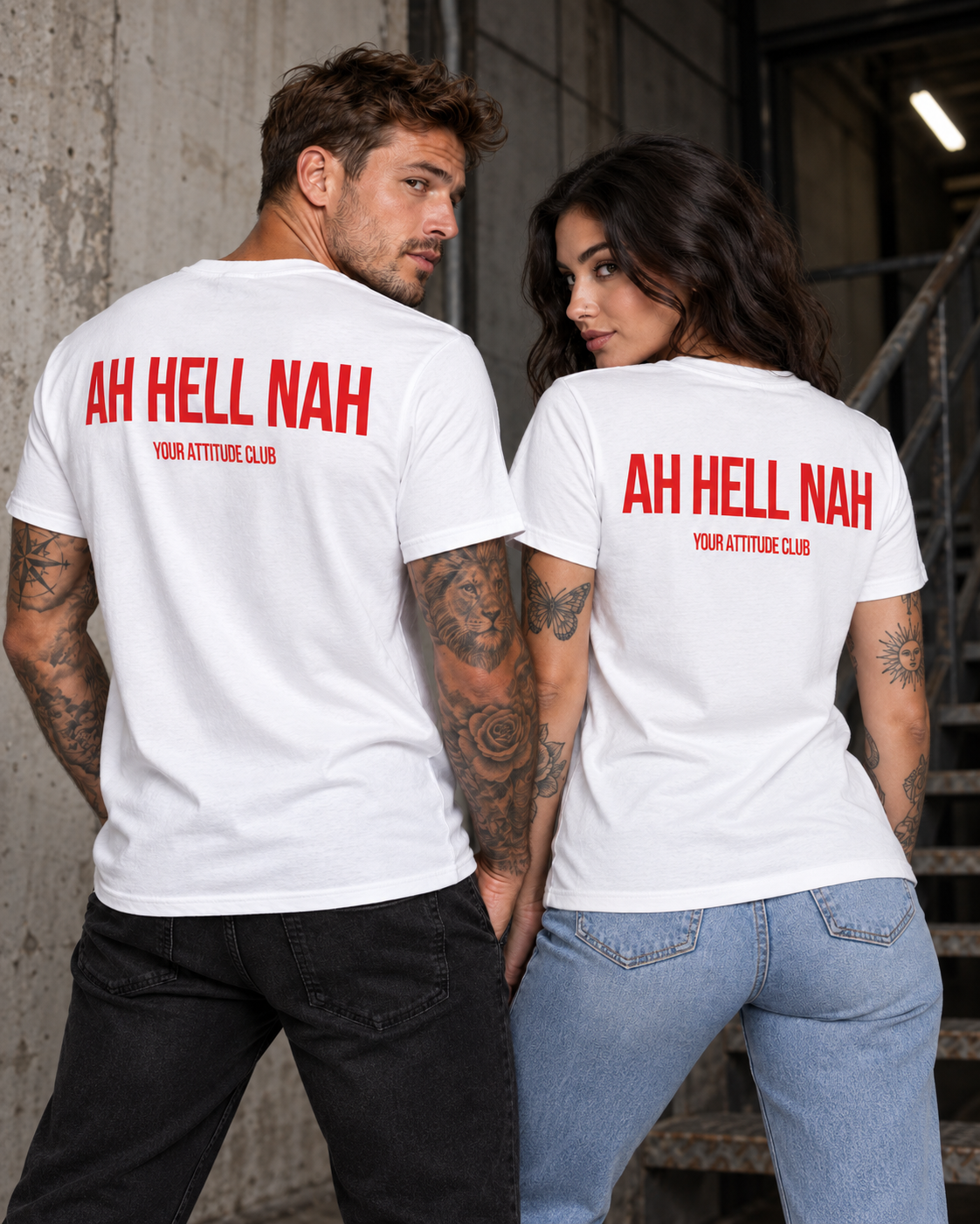 AH HELL NAH – Unisex Statement T-Shirt Weiß mit rotem Backprint | freches Sprüche Shirt für Erwachsene