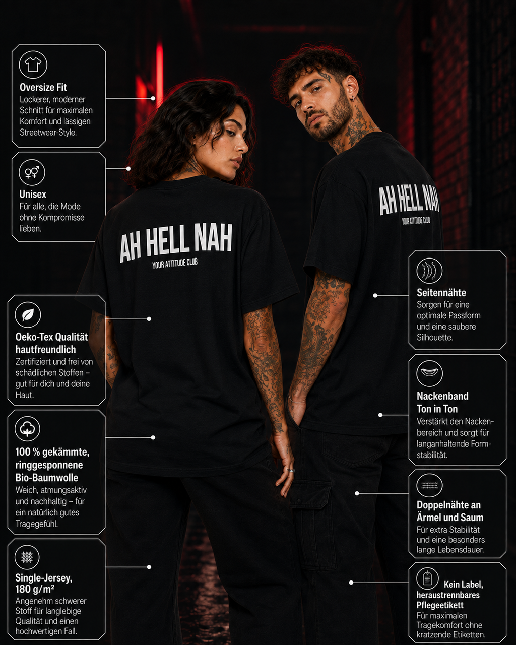 AH HELL NAH – Unisex Oversize T-Shirt mit Backprint, lustiges Statement Shirt, Streetwear Geschenk für Frauen und Männer