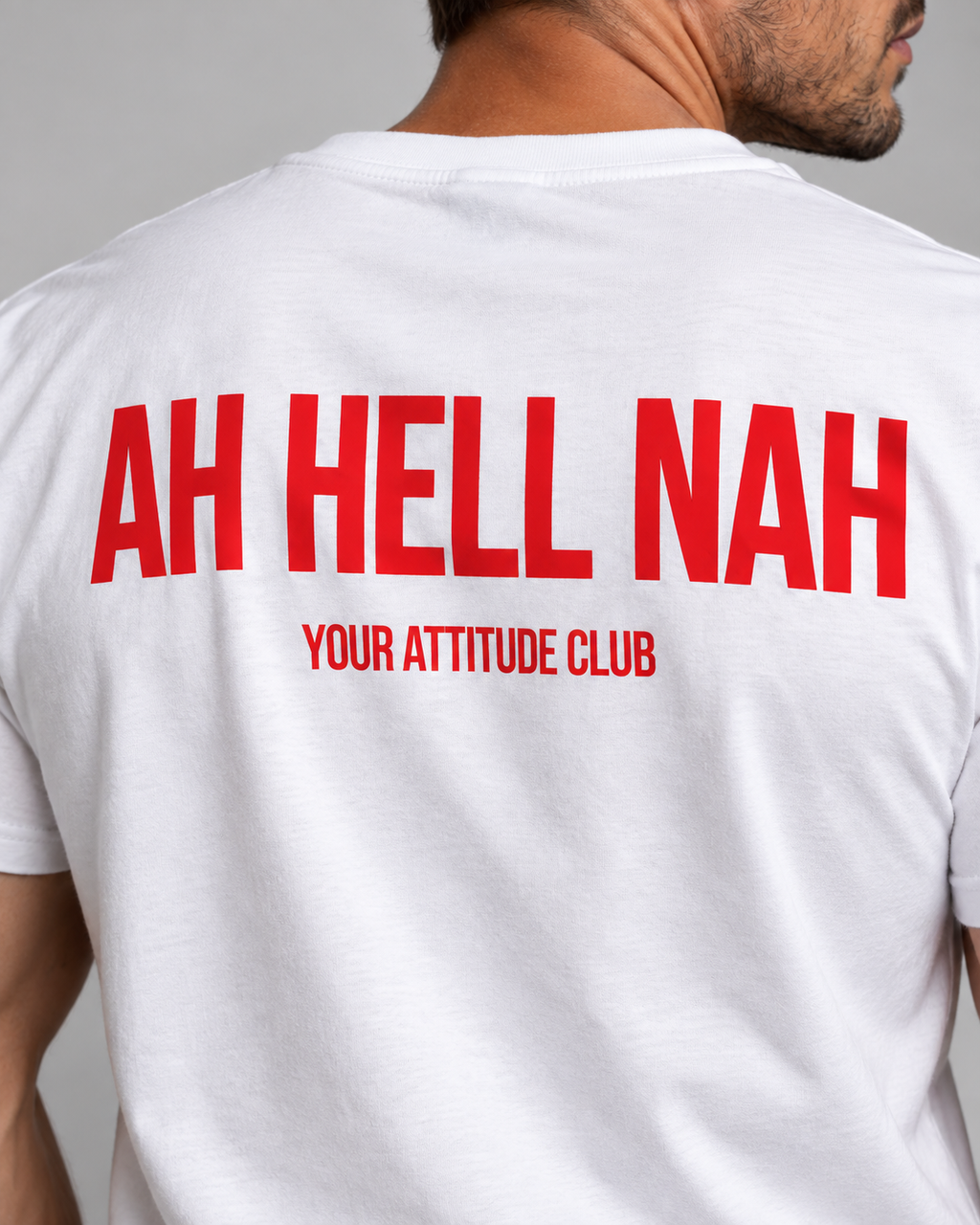 AH HELL NAH – Unisex Statement T-Shirt Weiß mit rotem Backprint | freches Sprüche Shirt für Erwachsene