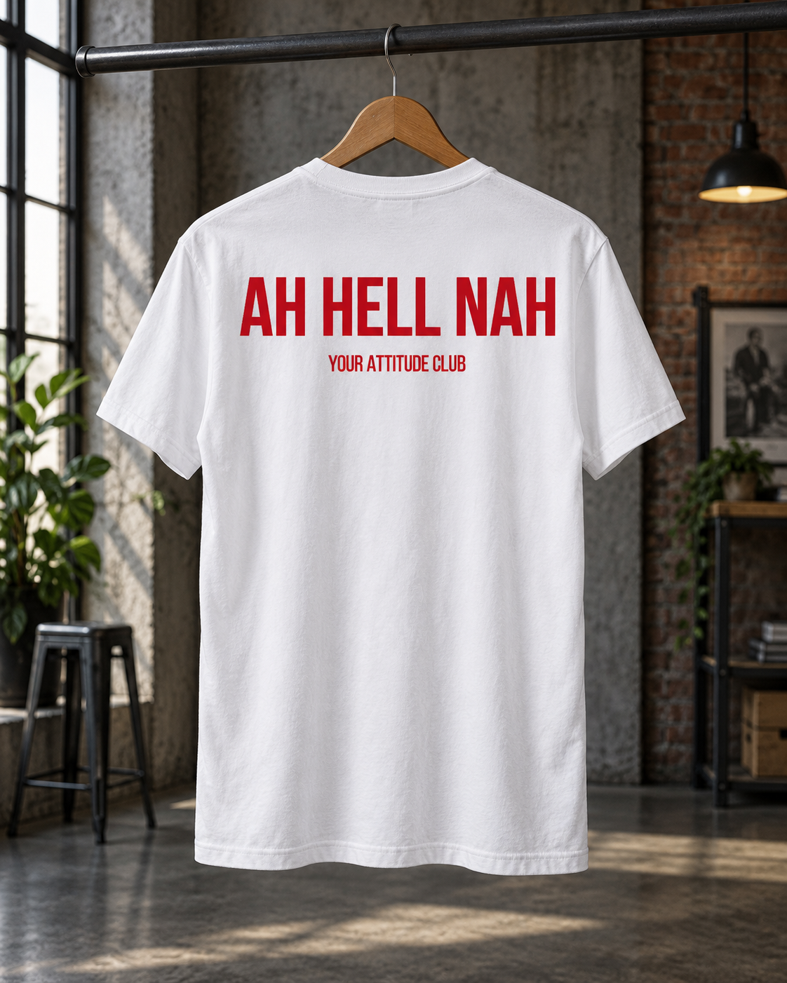AH HELL NAH – Unisex Statement T-Shirt Weiß mit rotem Backprint | freches Sprüche Shirt für Erwachsene
