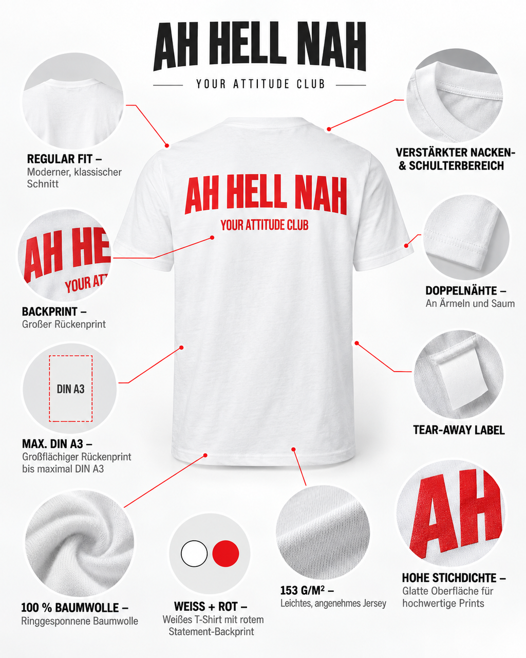 AH HELL NAH – Unisex Statement T-Shirt Weiß mit rotem Backprint | freches Sprüche Shirt für Erwachsene
