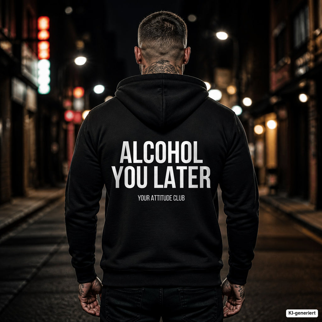 ALCOHOL YOU LATER – schwarzer Hoodie mit weißem Backprint, Herren in der Stadt bei Nacht