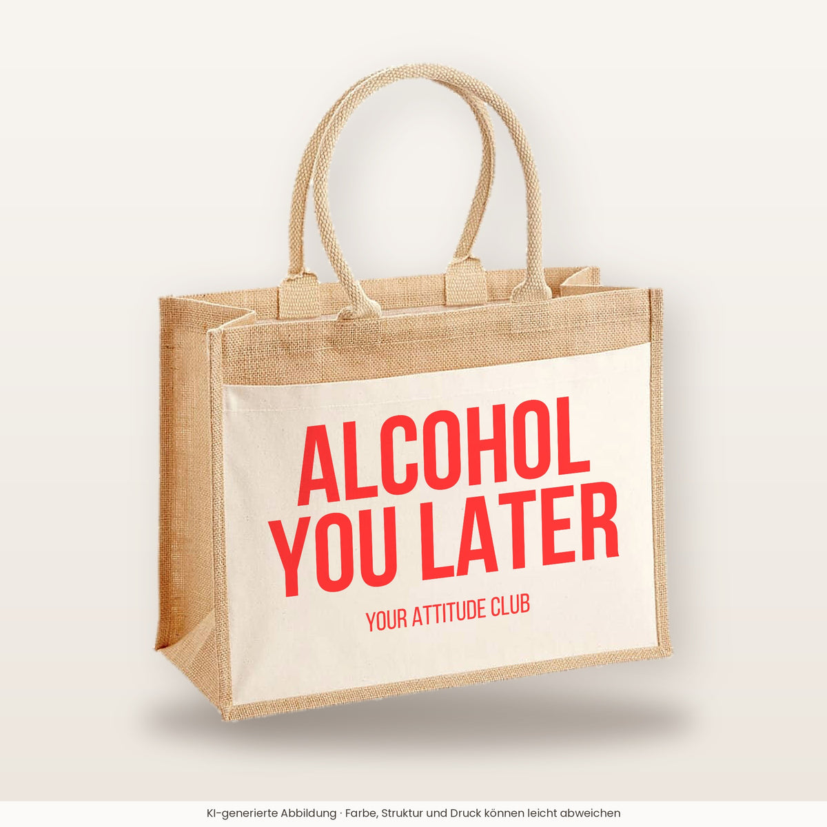 Alcohol you later – Jutetasche mit Spruch, große Jutetasche, Produktansicht