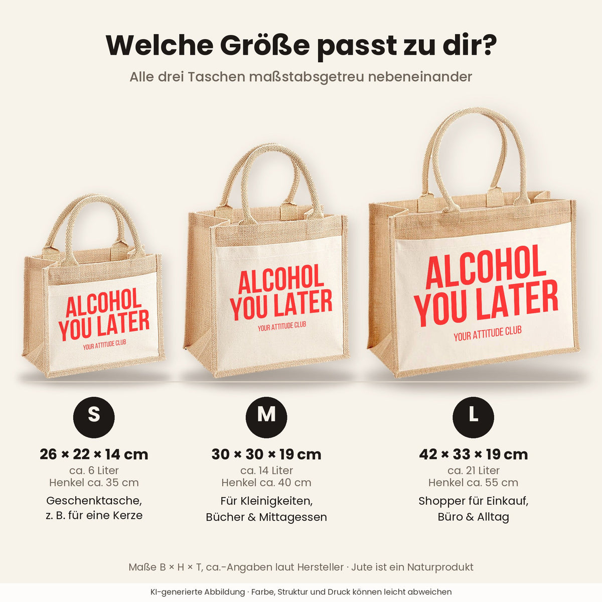 Alcohol you later – Jutetasche mit Spruch, Größenvergleich klein, mittel, groß