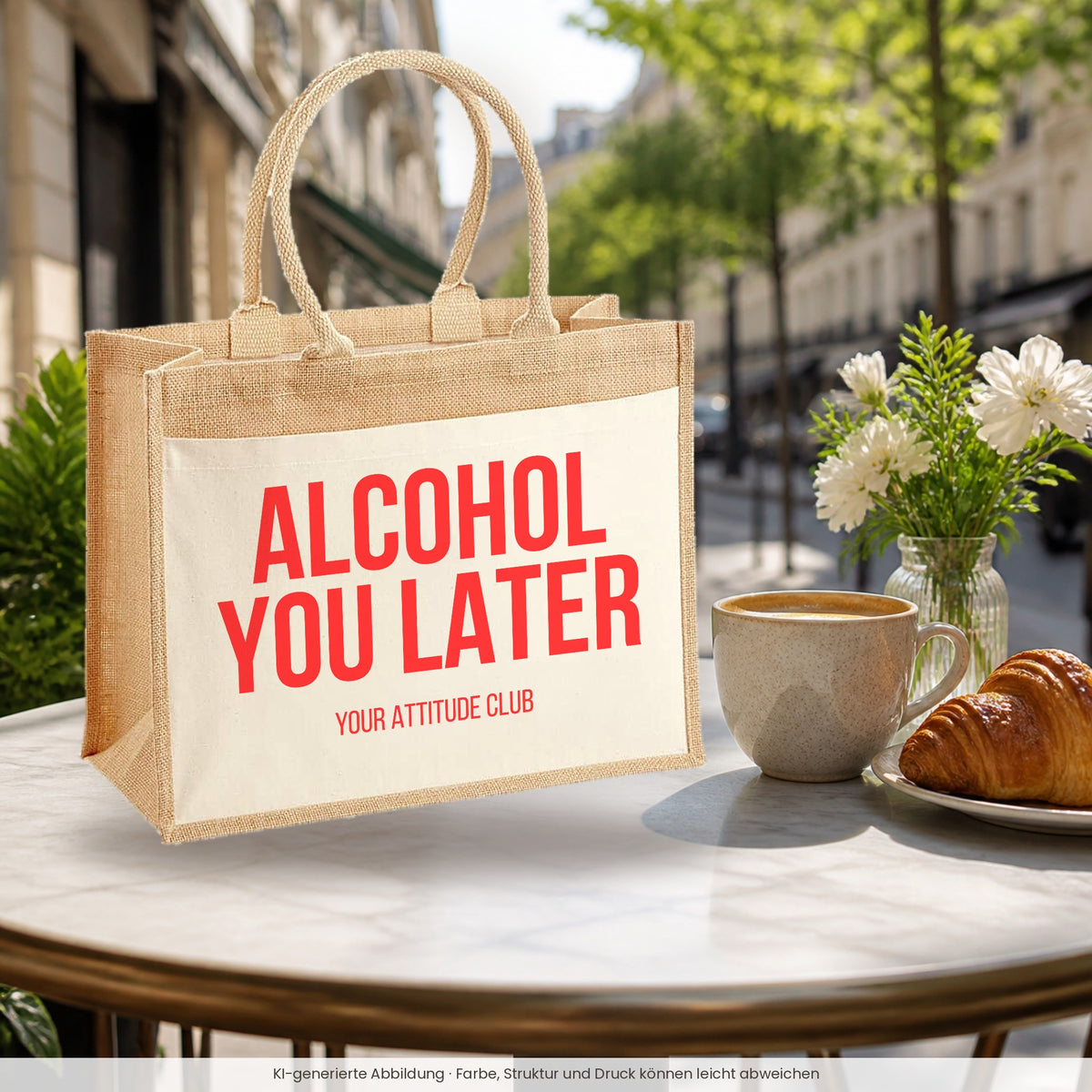 Alcohol you later – Jutetasche mit Spruch, im Café