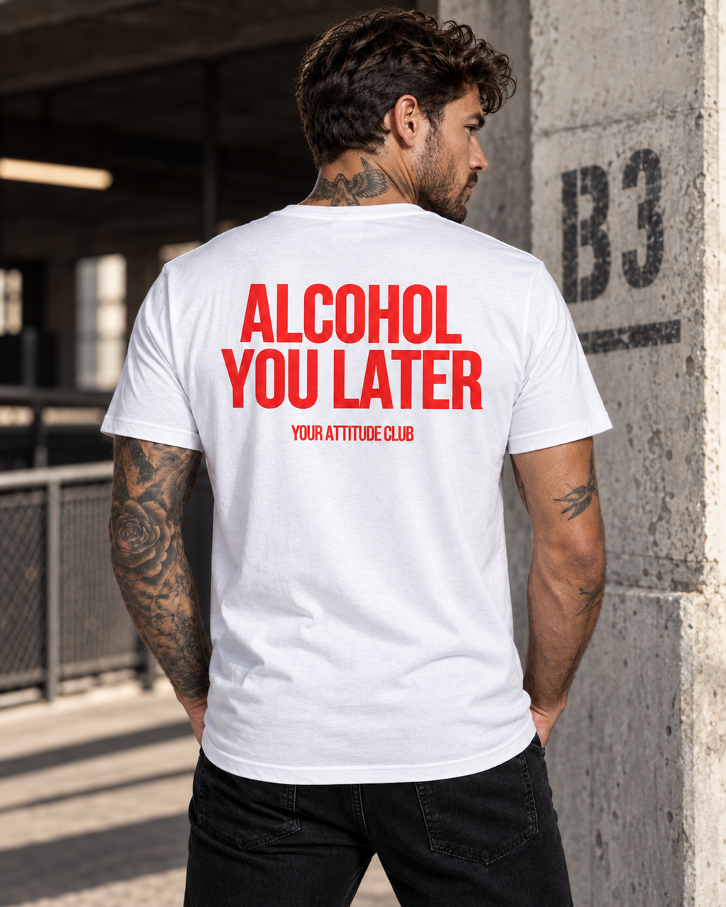 ALCOHOL YOU LATER – Unisex Statement T-Shirt Weiß mit rotem Backprint | lustiges Sprüche Shirt für Party & Festival