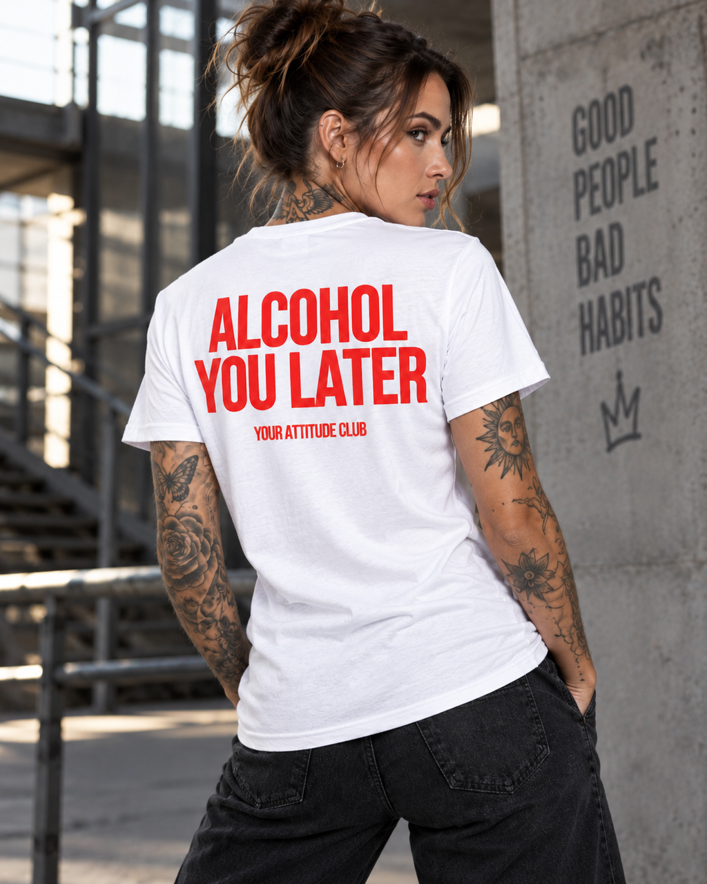ALCOHOL YOU LATER – Unisex Statement T-Shirt Weiß mit rotem Backprint | lustiges Sprüche Shirt für Party & Festival
