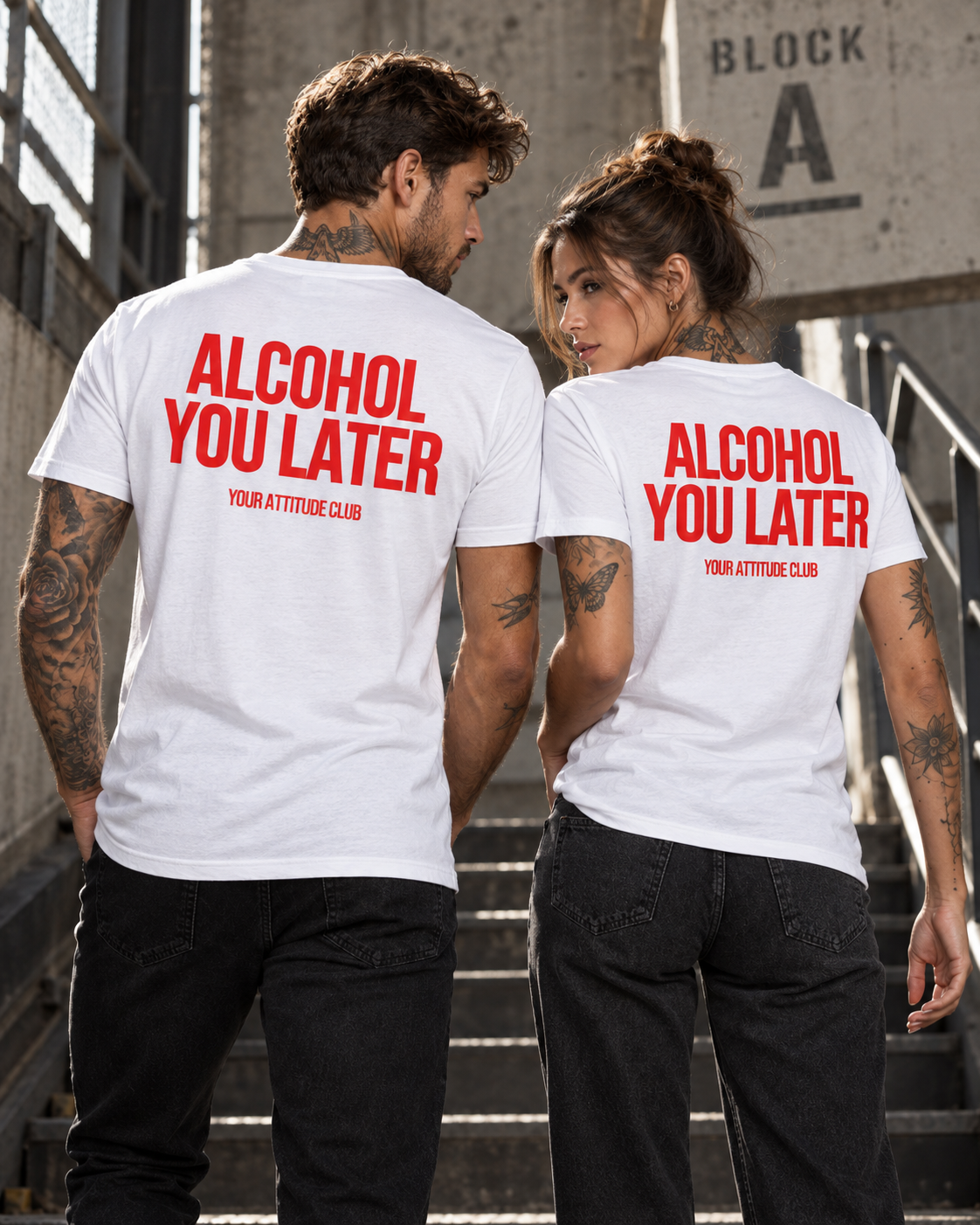 ALCOHOL YOU LATER – Unisex Statement T-Shirt Weiß mit rotem Backprint | lustiges Sprüche Shirt für Party & Festival