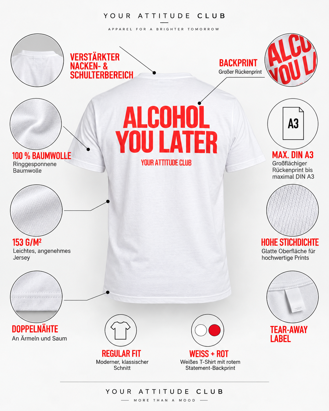 ALCOHOL YOU LATER – Unisex Statement T-Shirt Weiß mit rotem Backprint | lustiges Sprüche Shirt für Party & Festival