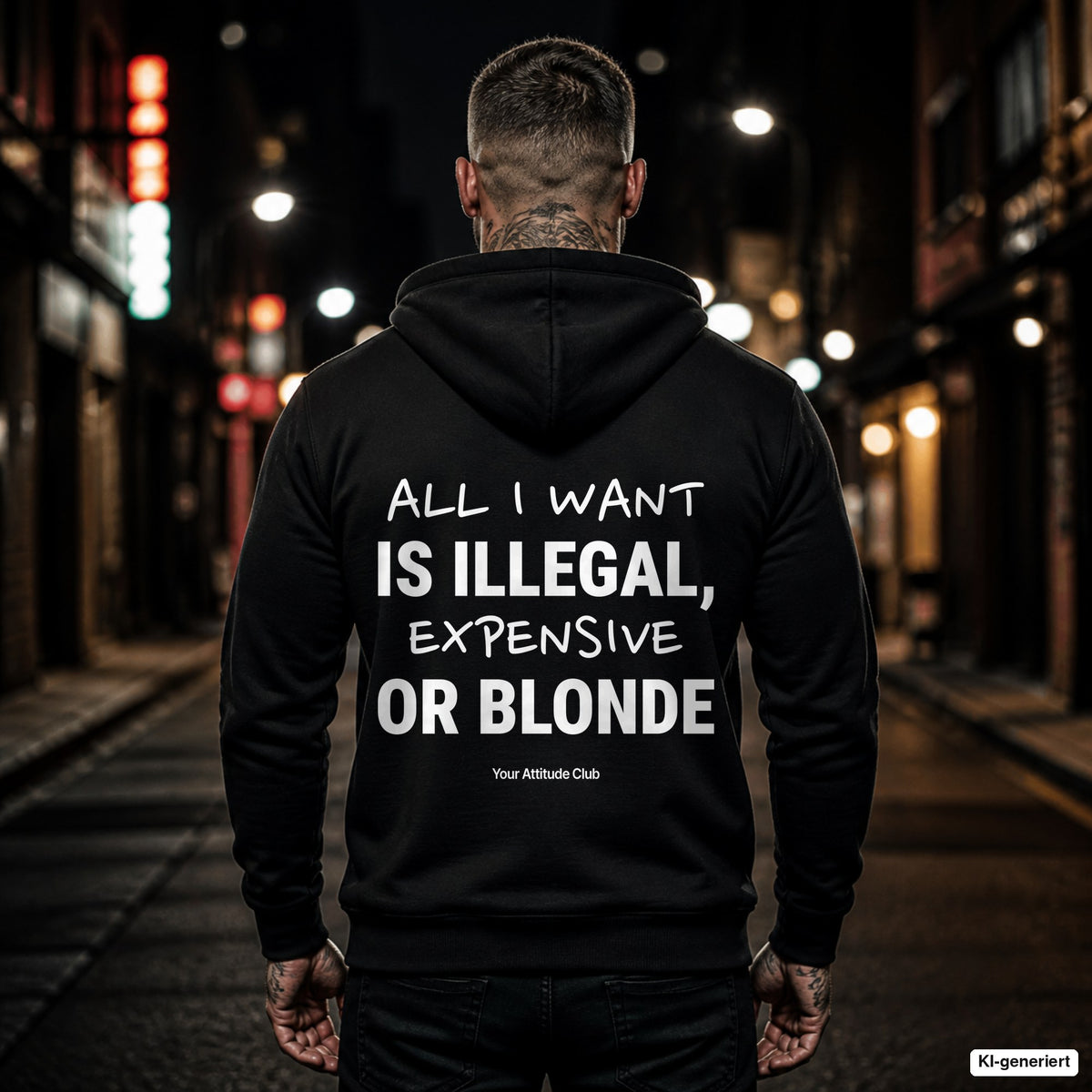 All I Want Is Illegal, Expensive or Blonde – schwarzer Hoodie mit weißem Backprint, Herren in der Stadt bei Nacht