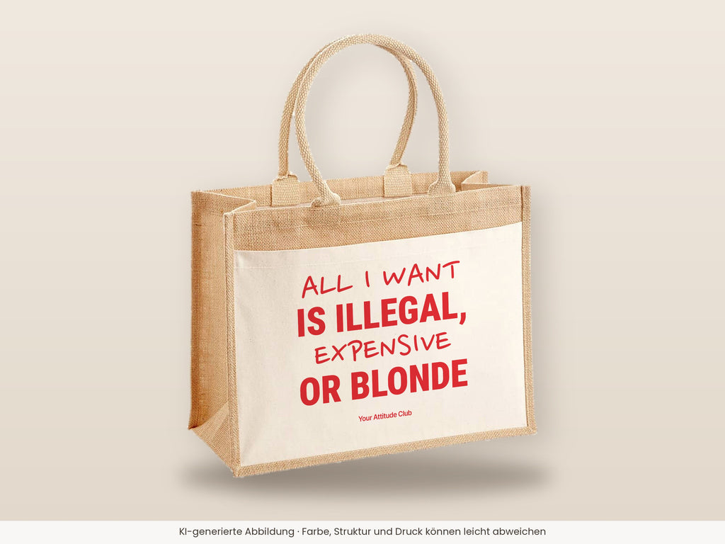 All I Want Is Illegal, Expensive or Blonde – Jutetasche mit Spruch, große Jutetasche, Detailansicht