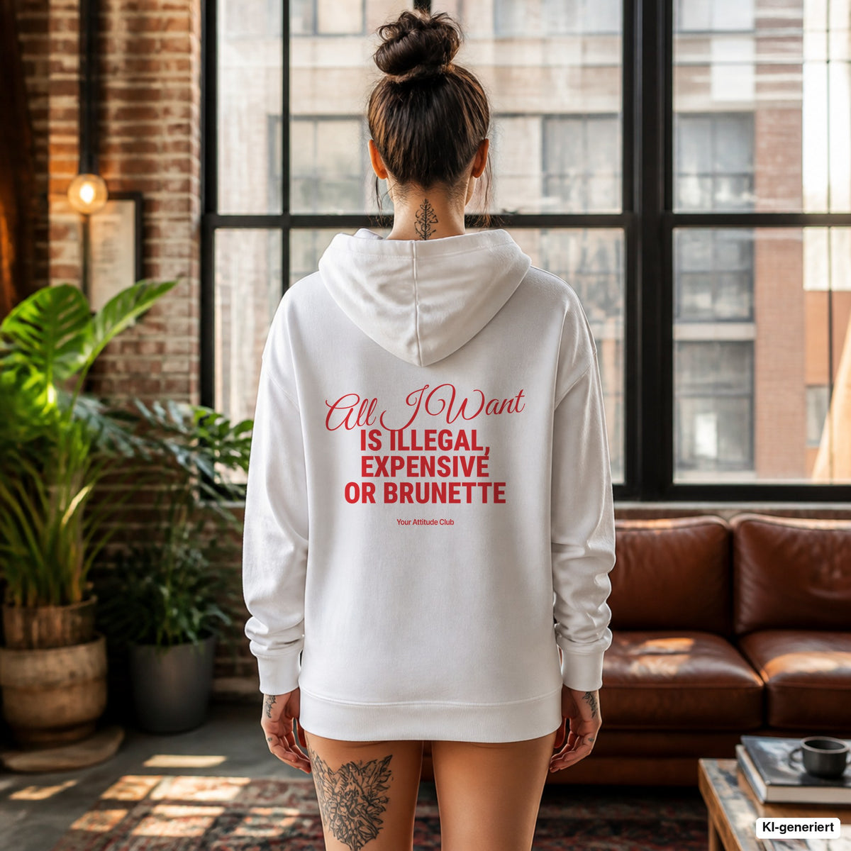All I Want Is Illegal, Expensive or Brunette – weißer Hoodie mit rotem Backprint, Damen im Loft