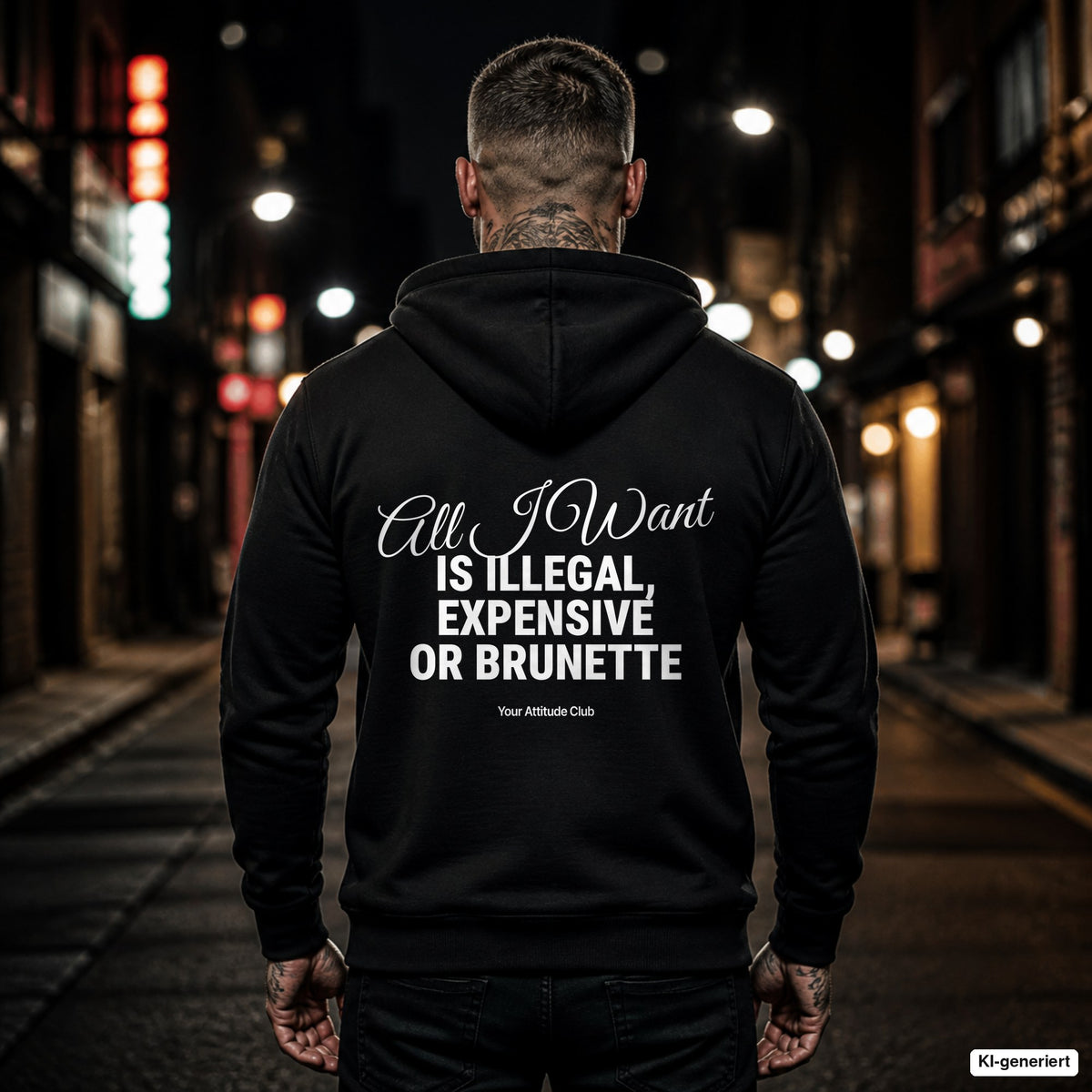 All I Want Is Illegal, Expensive or Brunette – schwarzer Hoodie mit weißem Backprint, Herren in der Stadt bei Nacht