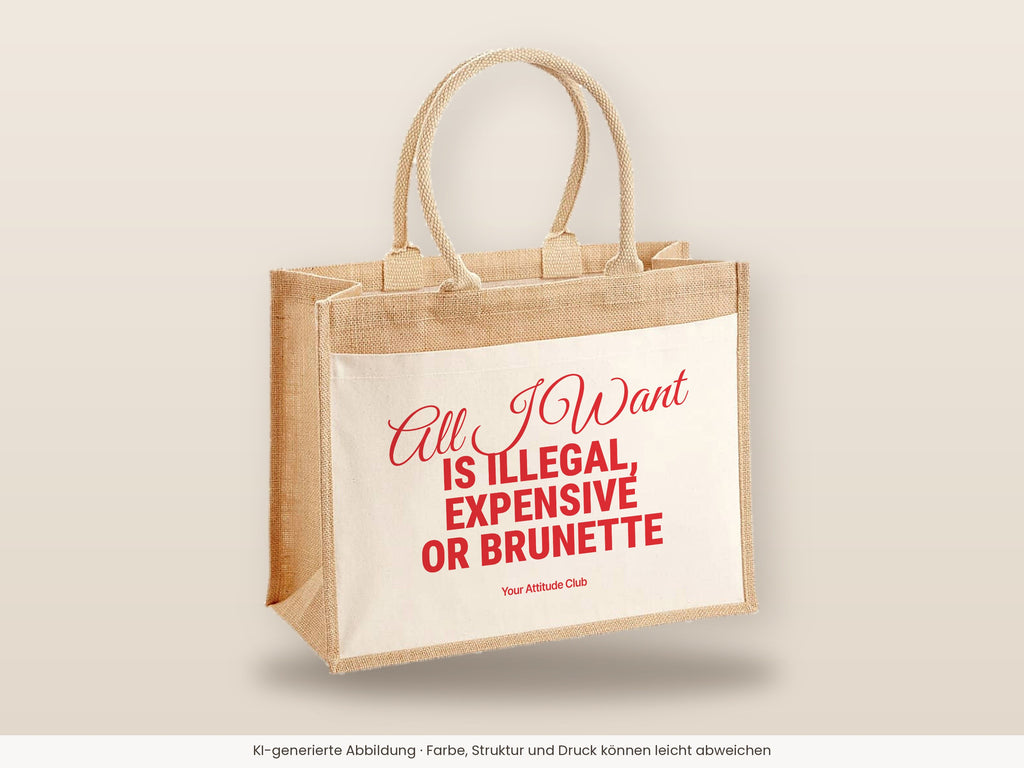 All I Want Is Illegal, Expensive or Brunette – Jutetasche mit Spruch, große Jutetasche, Detailansicht