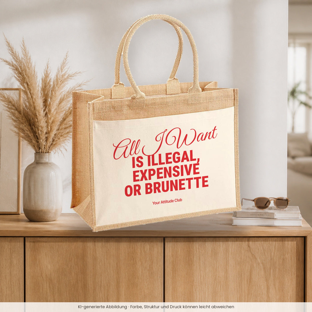 All I Want Is Illegal, Expensive or Brunette – Jutetasche mit Spruch, auf dem Sideboard im Flur