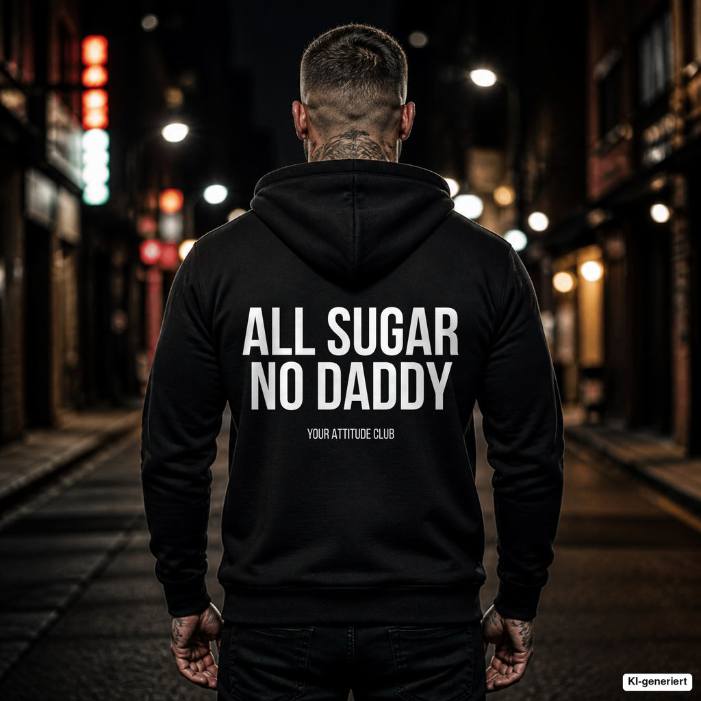 All sugar no daddy – schwarzer Hoodie mit weißem Backprint, Herren in der Stadt bei Nacht