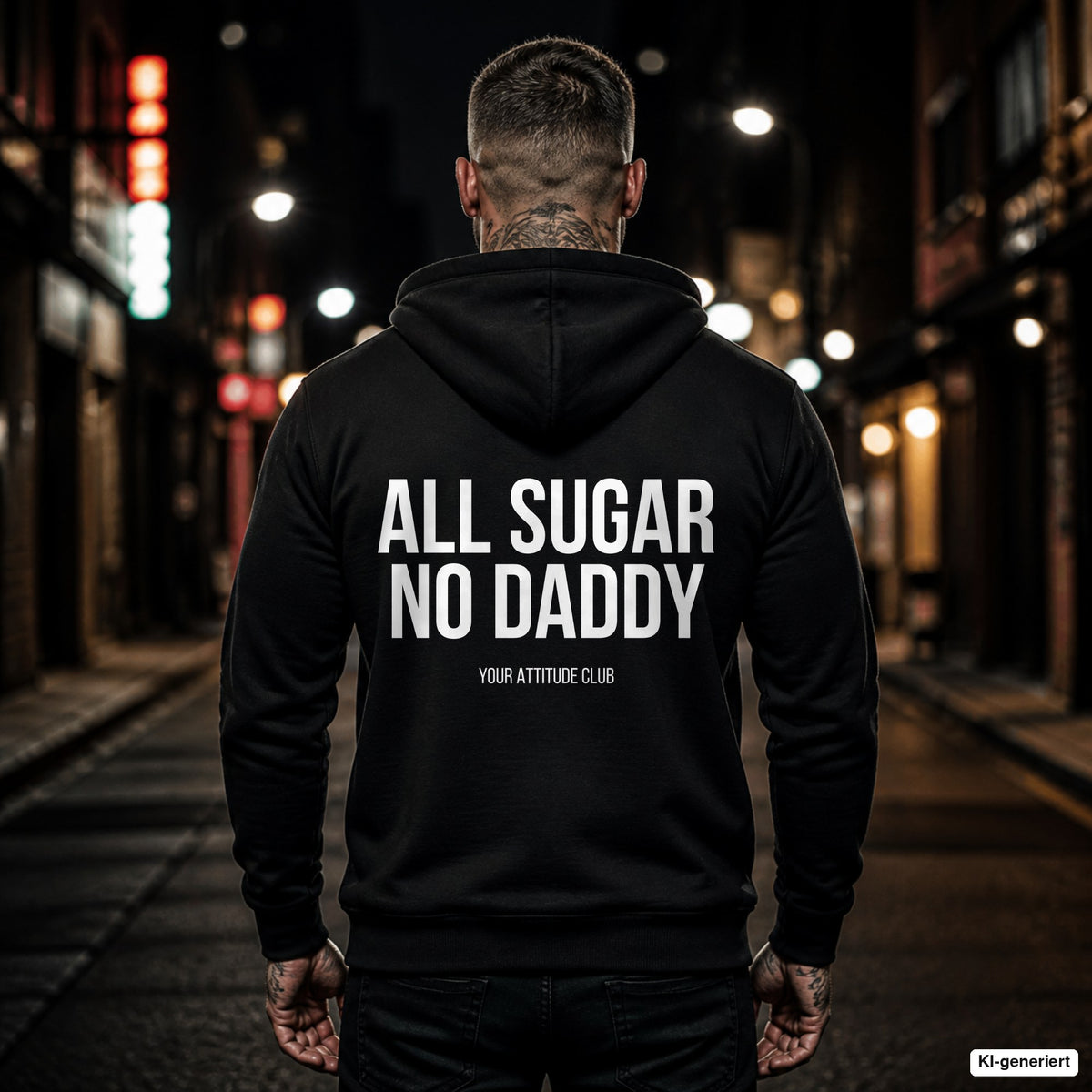 All sugar no daddy – schwarzer Hoodie mit weißem Backprint, Herren in der Stadt bei Nacht