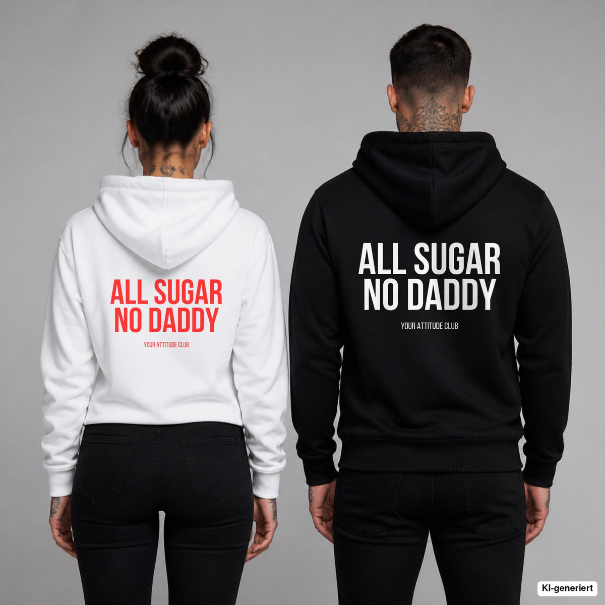 All sugar no daddy – Hoodie mit Backprint, Frau in Weiß mit rotem und Mann in Schwarz mit weißem Aufdruck