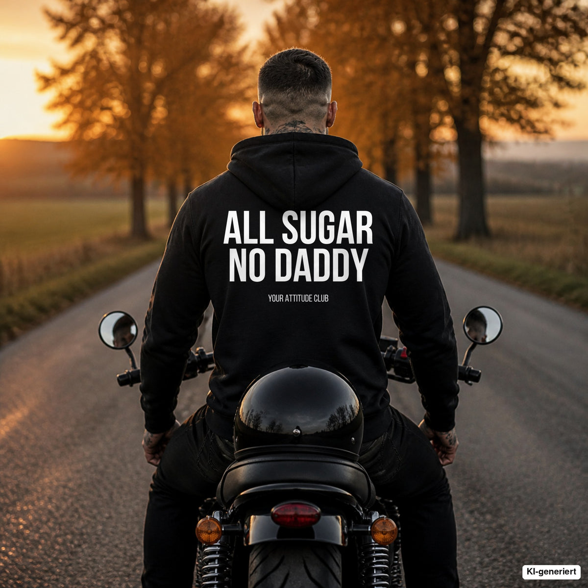 All sugar no daddy – schwarzer Hoodie mit weißem Backprint, Herren auf dem Motorrad