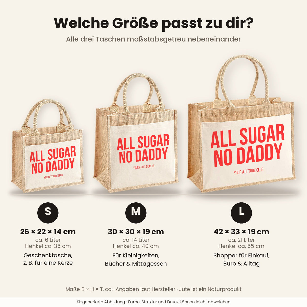 All sugar no daddy – Jutetasche mit Spruch, Größenvergleich klein, mittel, groß