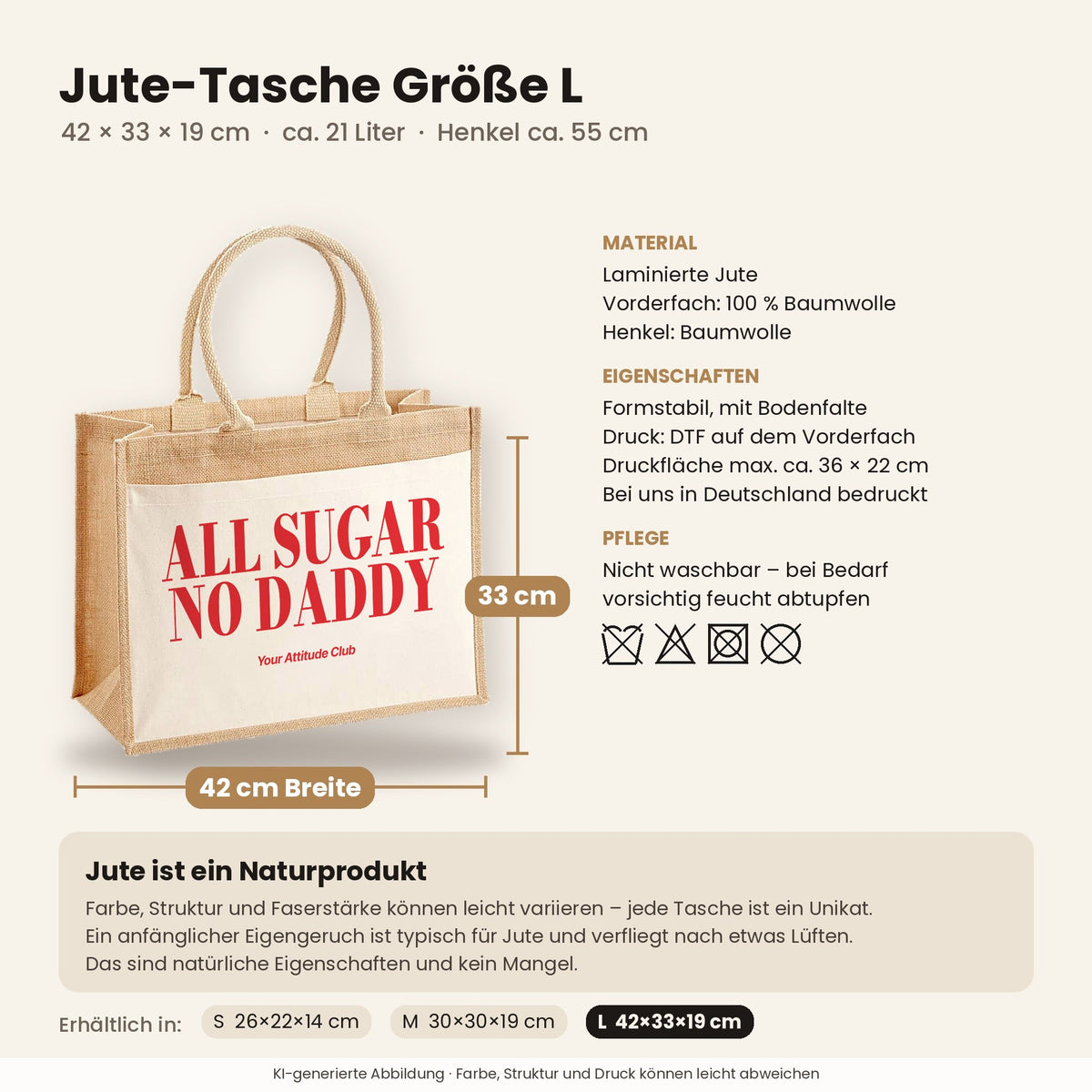 All Sugar No Daddy – Jutetasche mit Spruch, Maße, Material und Pflege