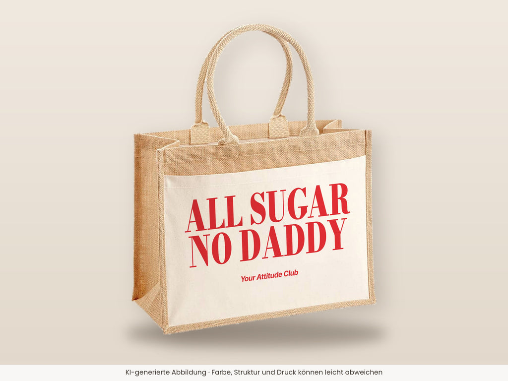 All Sugar No Daddy – Jutetasche mit Spruch, große Jutetasche, Detailansicht