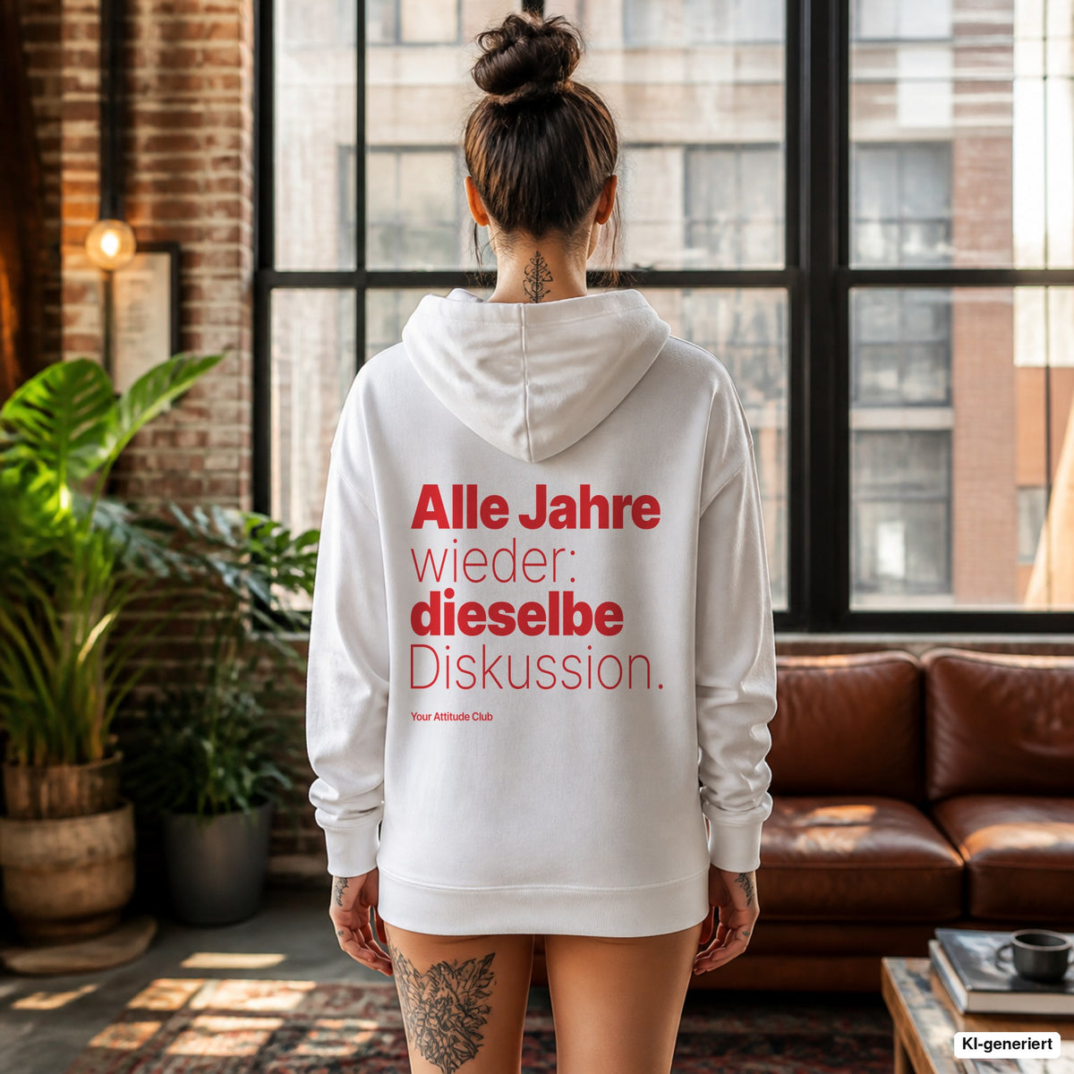 Alle Jahre wieder: dieselbe Diskussion – weißer Hoodie mit rotem Backprint, Damen im Loft