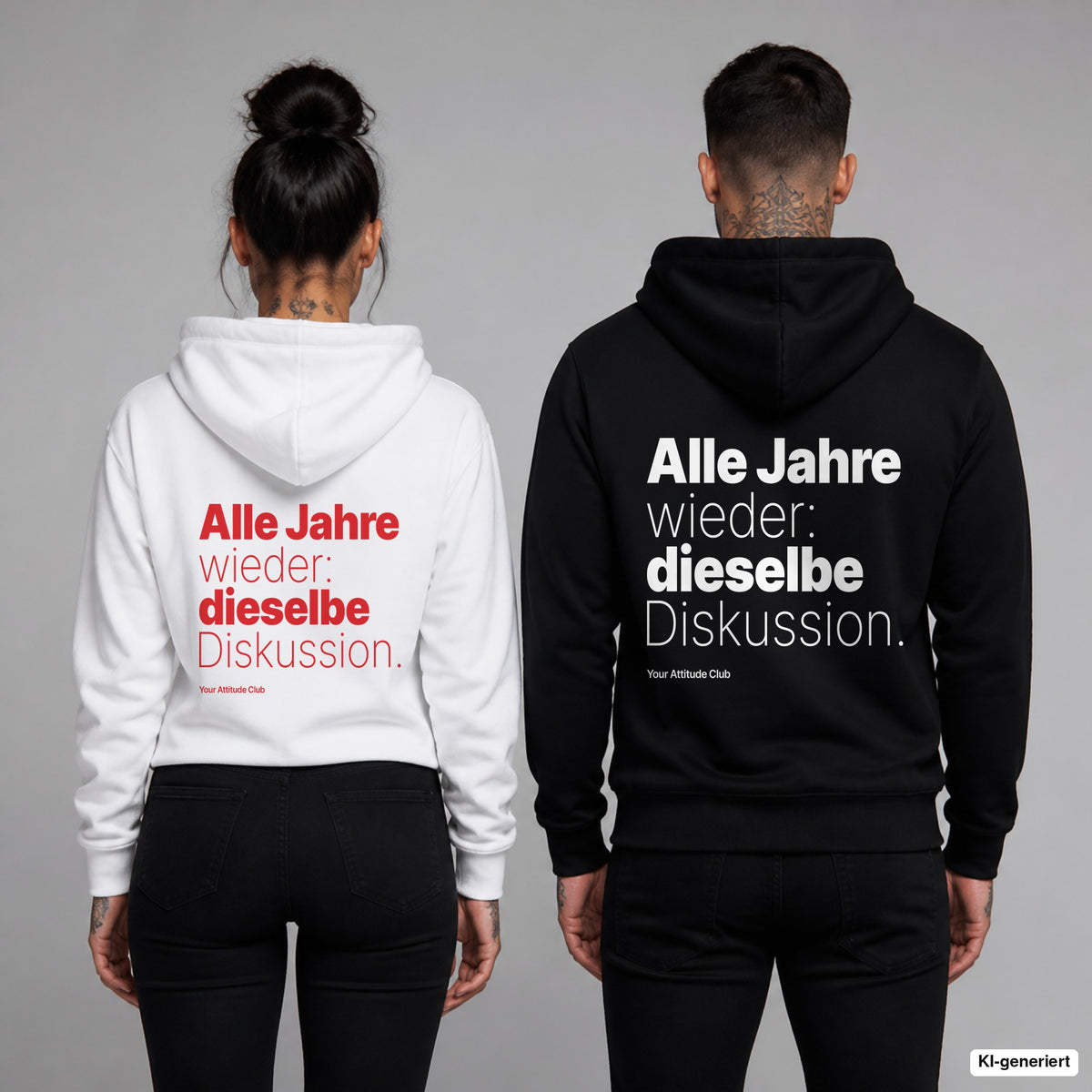 Alle Jahre wieder: dieselbe Diskussion – Hoodie mit Backprint, Frau in Weiß mit rotem und Mann in Schwarz mit weißem Aufdruck
