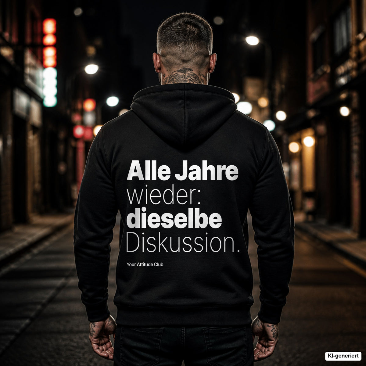 Alle Jahre wieder: dieselbe Diskussion – schwarzer Hoodie mit weißem Backprint, Herren in der Stadt bei Nacht