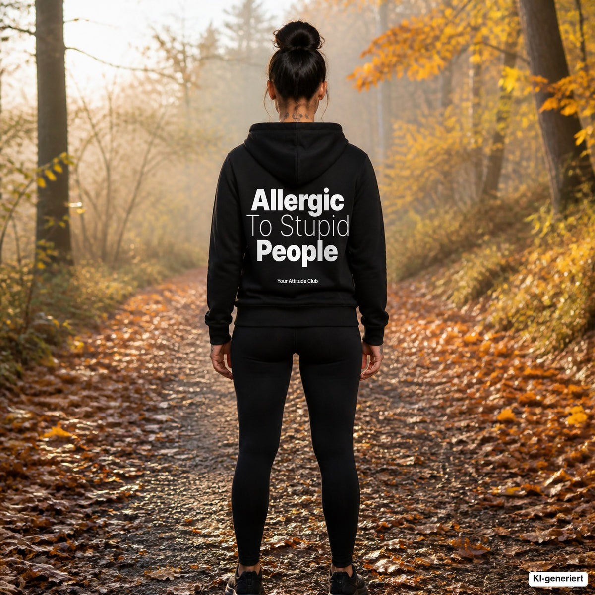 Allergic To Stupid People – schwarzer Hoodie mit weißem Backprint, Damen beim Joggen im Herbst