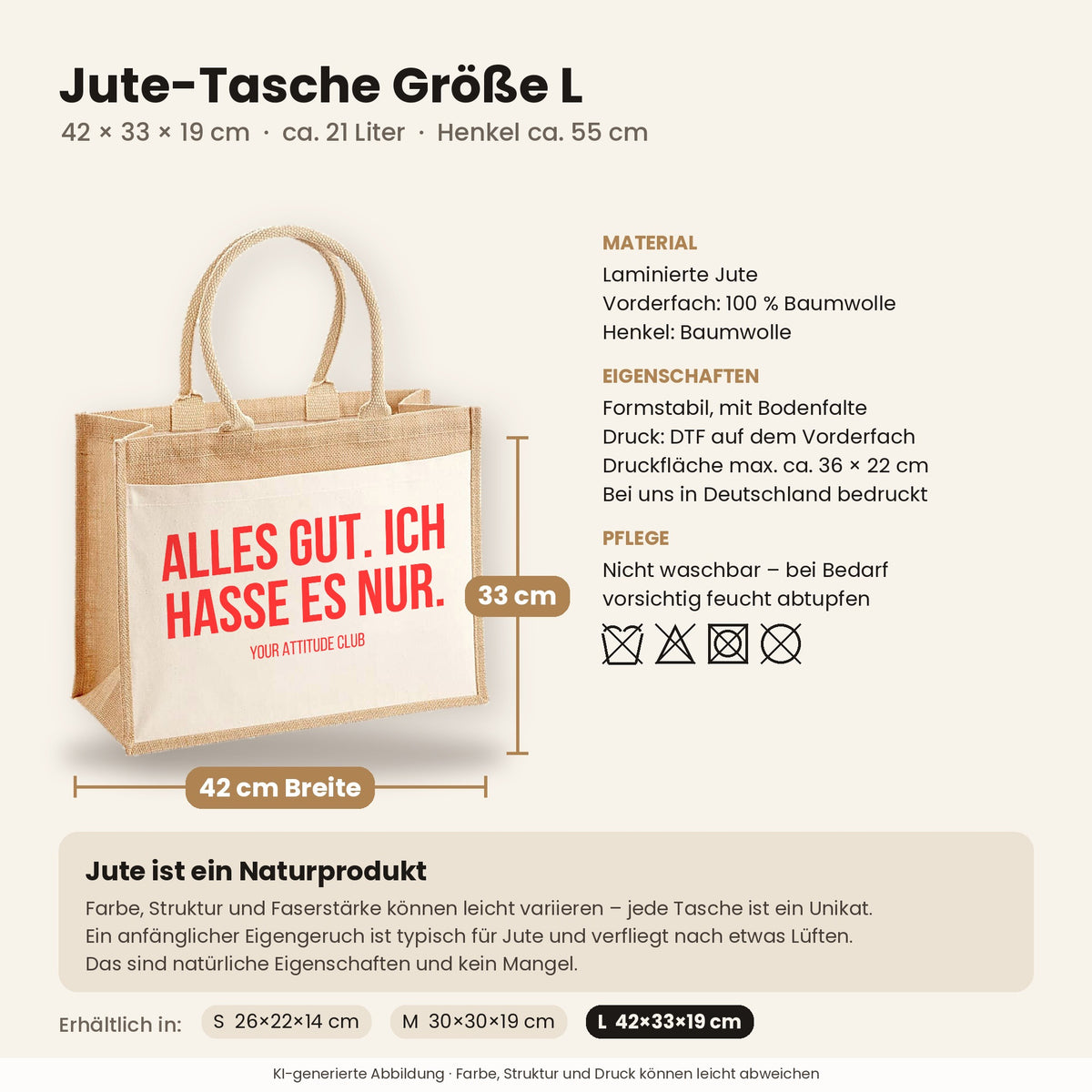 Alles gut. Ich hasse es nur. – Jutetasche mit Spruch, Maße, Material und Pflege