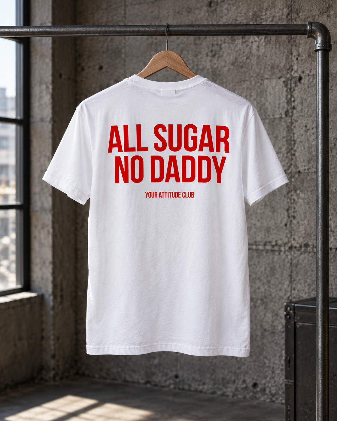 ALL SUGAR NO DADDY – Unisex Statement T-Shirt Weiß mit rotem Backprint | freches Sprüche Shirt für Erwachsene