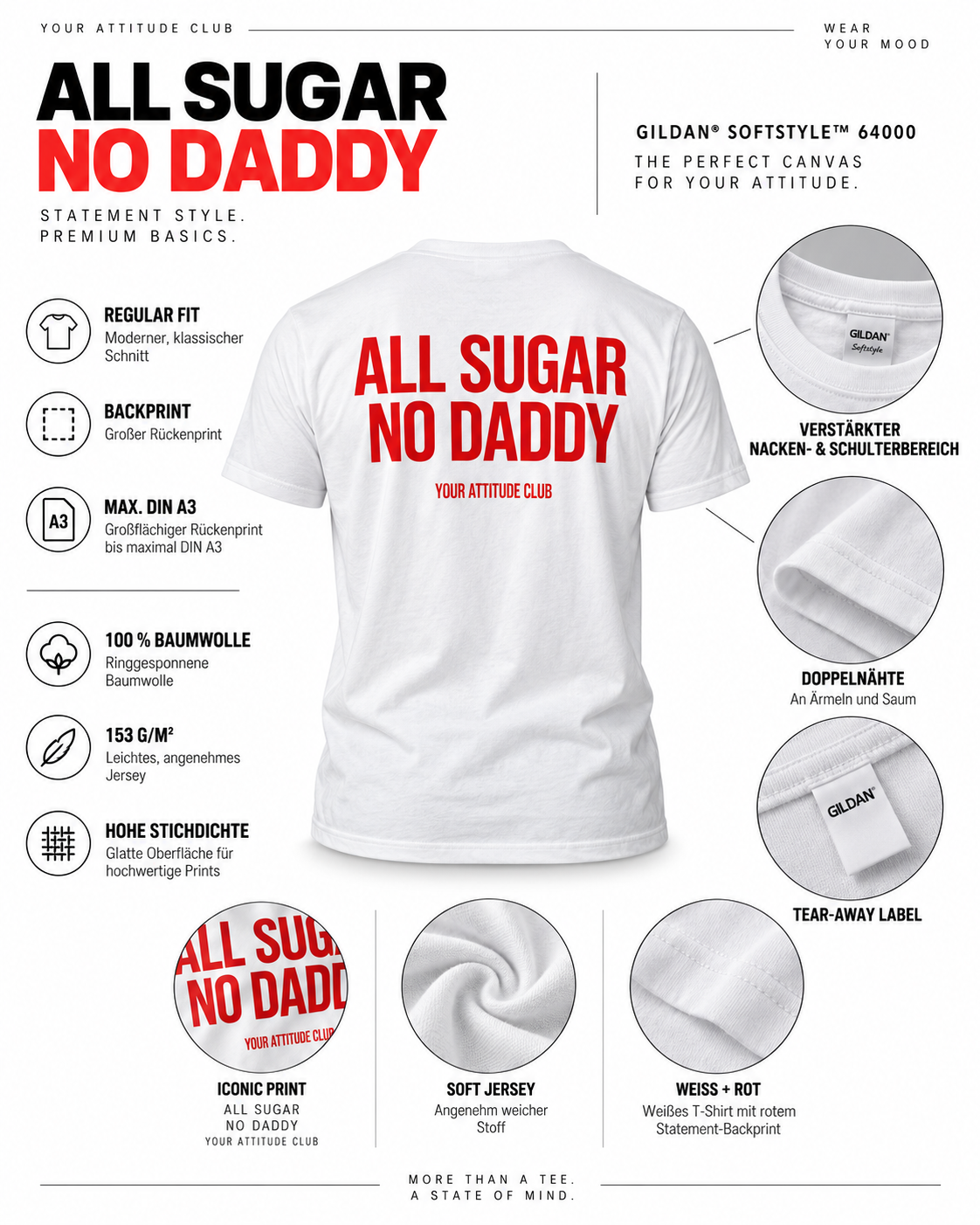 ALL SUGAR NO DADDY – Unisex Statement T-Shirt Weiß mit rotem Backprint | freches Sprüche Shirt für Erwachsene