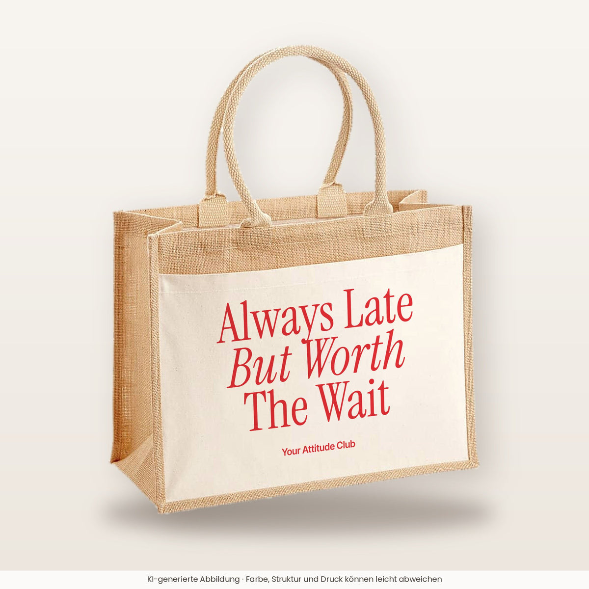 Always Late But Worth The Wait – Jutetasche mit Spruch, große Jutetasche, Produktansicht