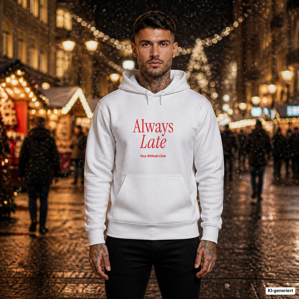 Always Late – weißer Hoodie mit rotem Frontprint, Herren auf dem Weihnachtsmarkt