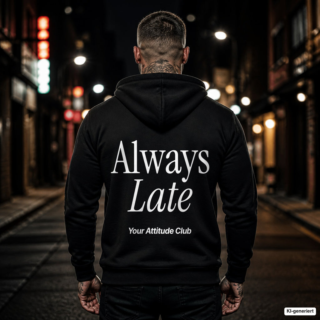 Always Late – schwarzer Hoodie mit weißem Backprint, Herren in der Stadt bei Nacht