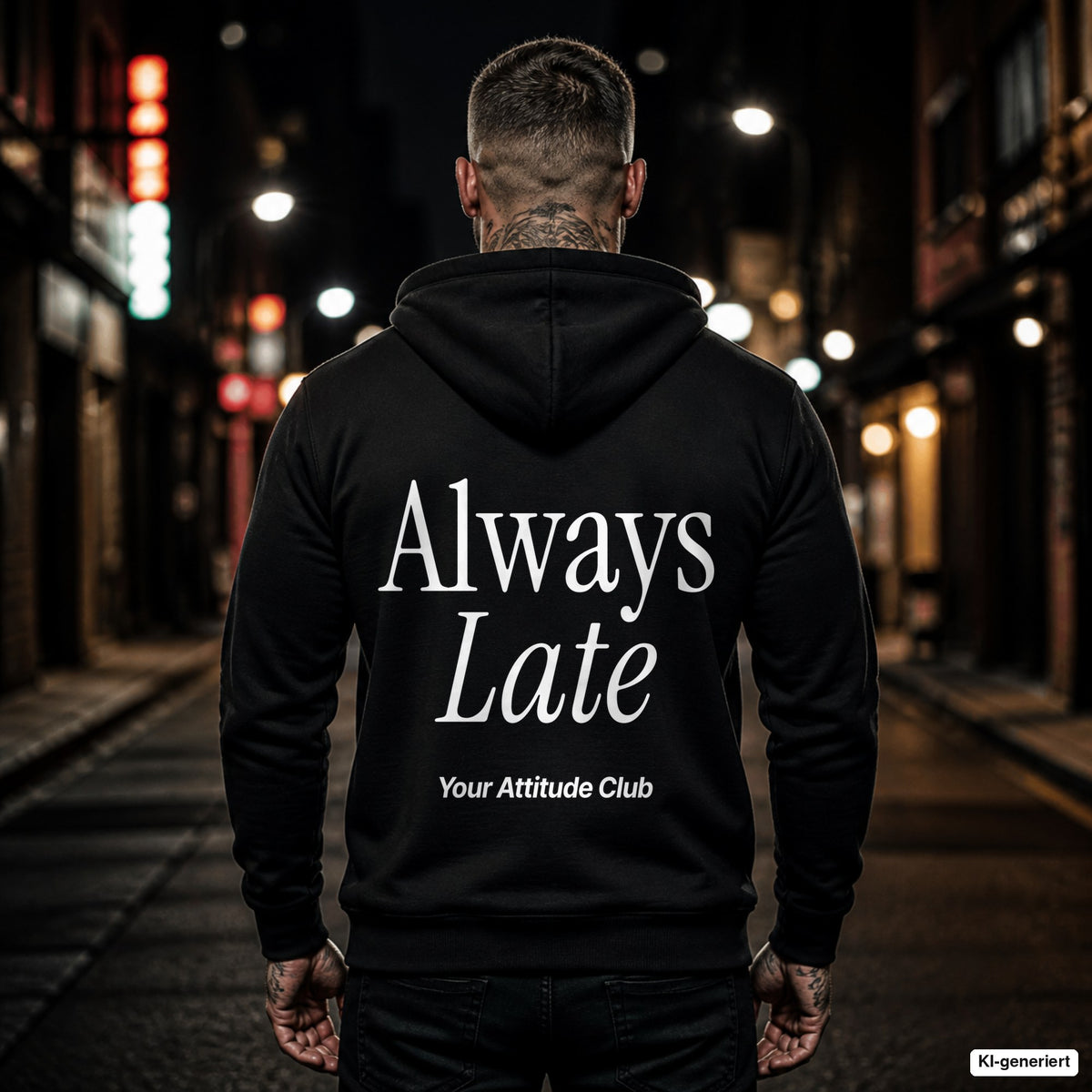 Always Late – schwarzer Hoodie mit weißem Backprint, Herren in der Stadt bei Nacht