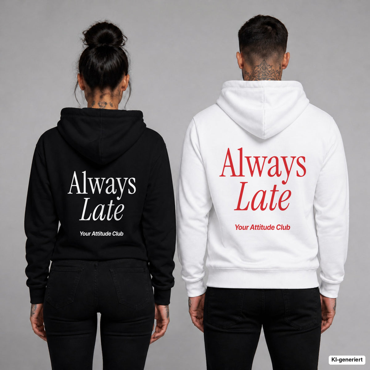 Always Late – Hoodie mit Backprint, Frau in Schwarz und Mann in Weiß