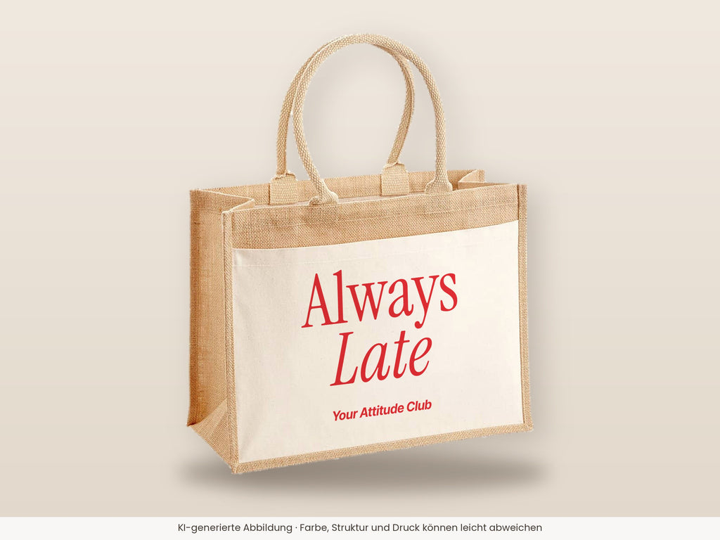 Always Late – Jutetasche mit Spruch, große Jutetasche, Detailansicht
