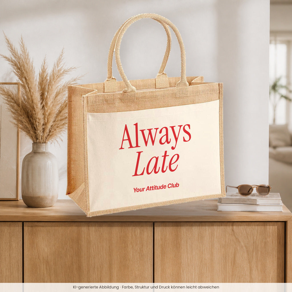 Always Late – Jutetasche mit Spruch, auf dem Sideboard im Flur