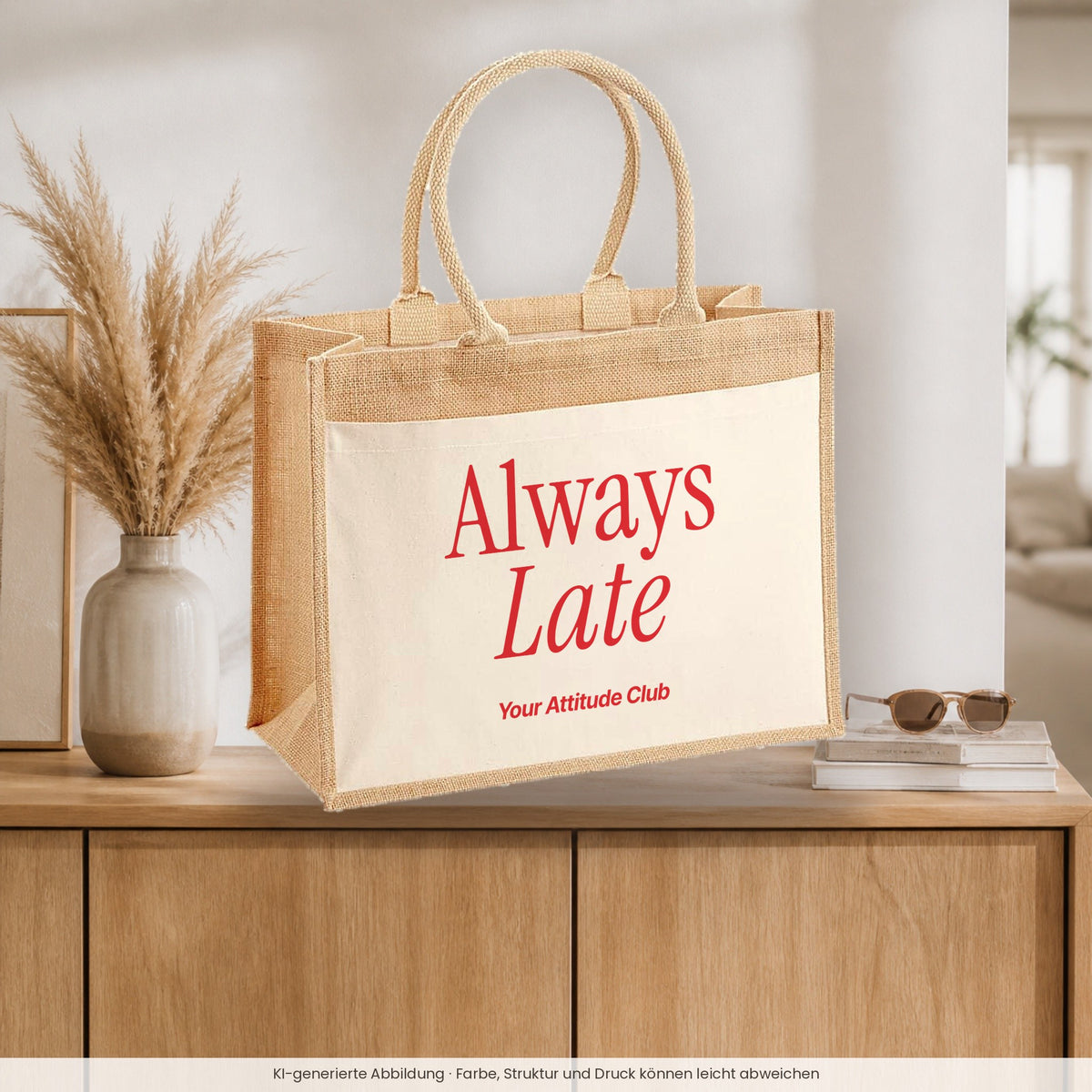 Always Late – Jutetasche mit Spruch, auf dem Sideboard im Flur