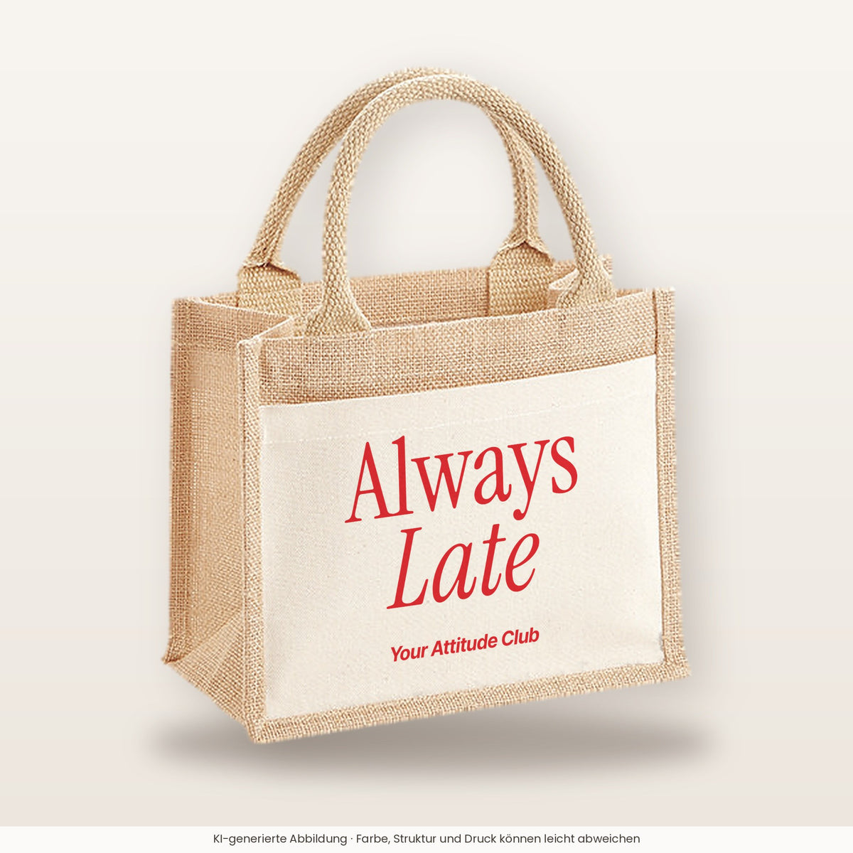 Always Late – Jutetasche mit Spruch, kleine Jutetasche 26 × 22 cm
