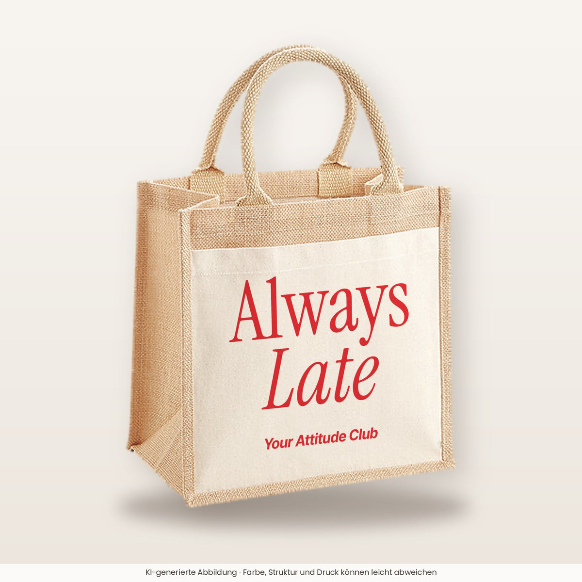 Always Late – Jutetasche mit Spruch, mittlere Jutetasche 30 × 30 cm