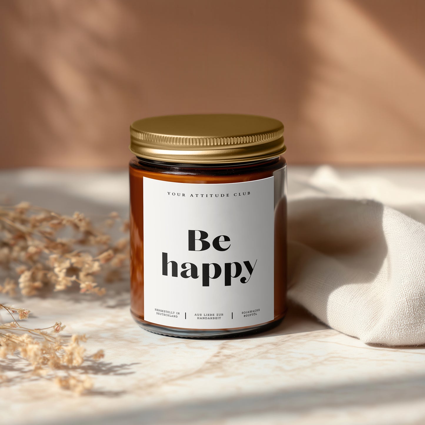 Be happy – Amber Geburtstagskerze • Geschenk für Freunde, Familie, Kollegen & Partner • Duftkerze/ohne Duft • 120ml/160ml • Handgemacht in Deutschland
