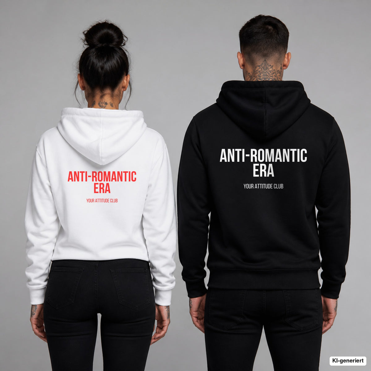ANTI-ROMANTIC ERA – Hoodie mit Backprint, Frau in Weiß mit rotem und Mann in Schwarz mit weißem Aufdruck