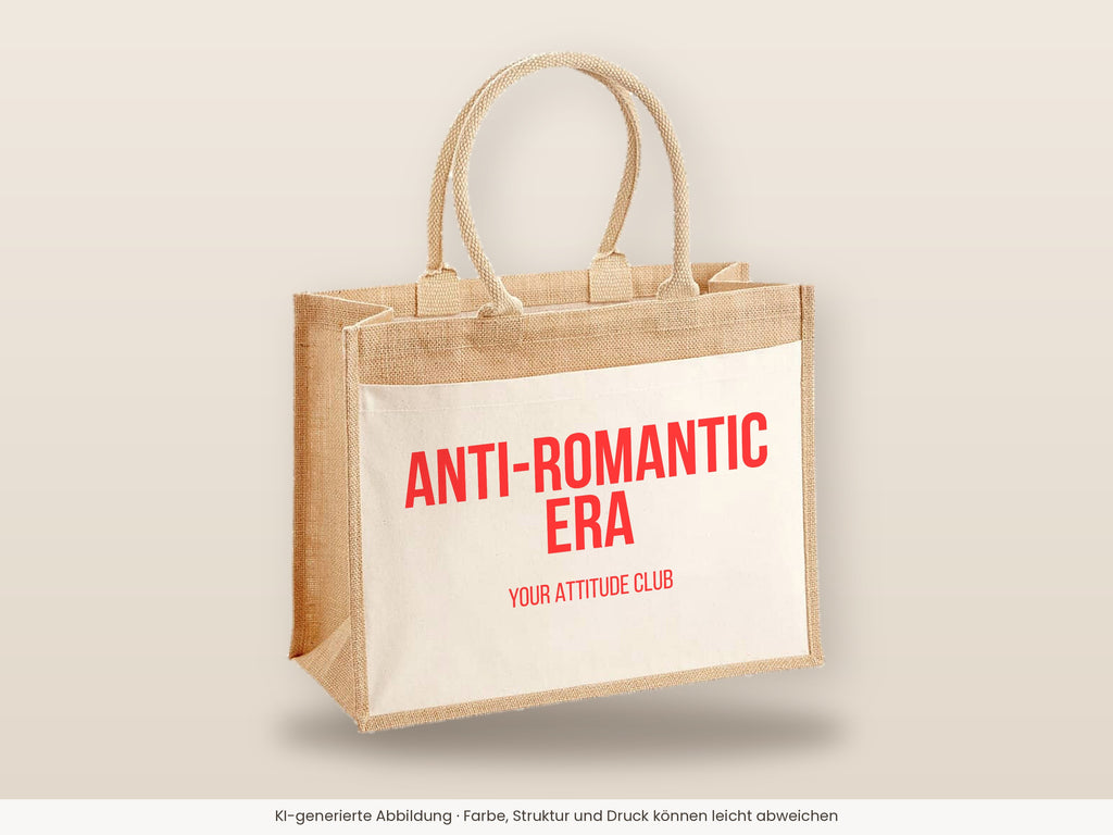 Anti-Romantic Era – Jutetasche mit Spruch, große Jutetasche, Detailansicht