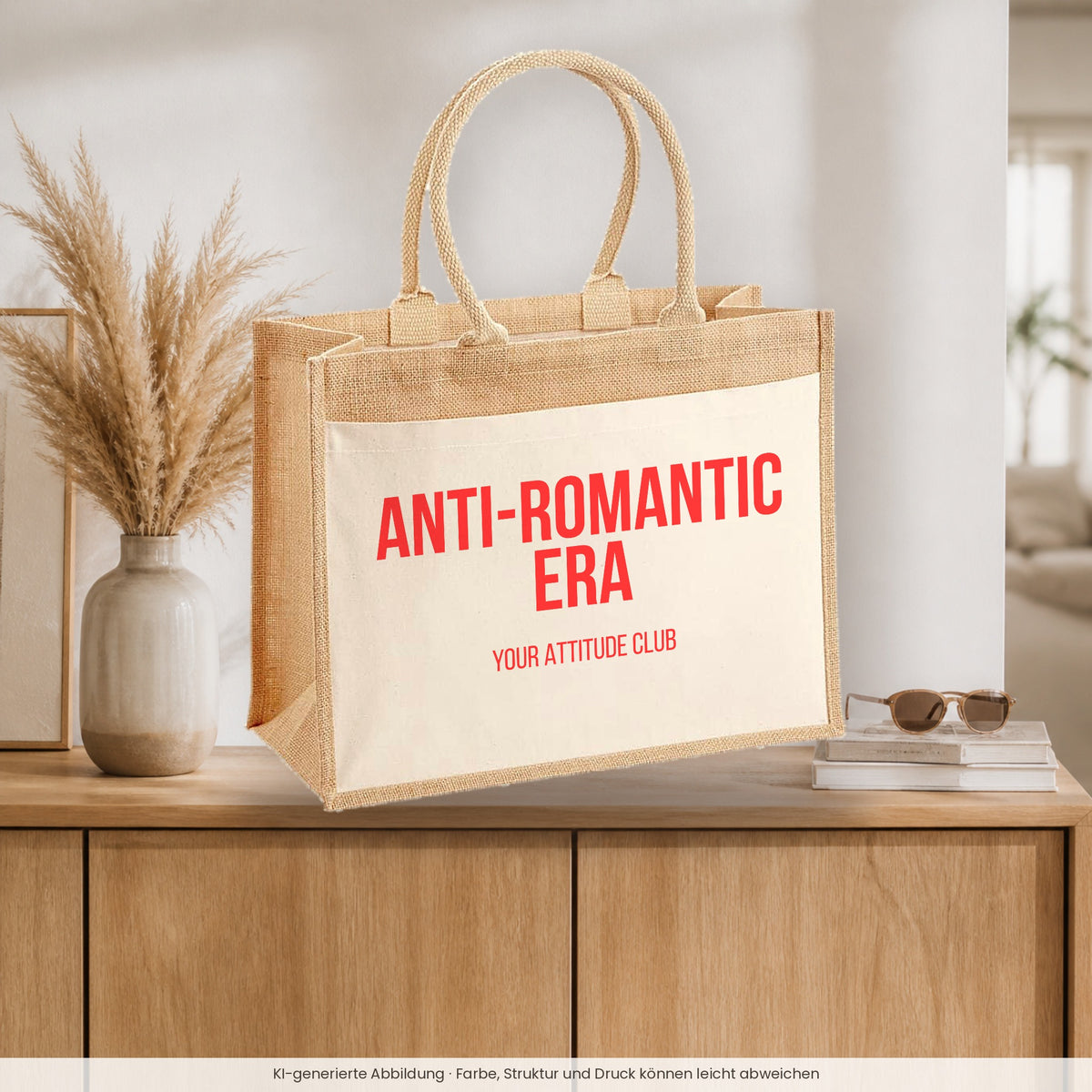 Anti-Romantic Era – Jutetasche mit Spruch, auf dem Sideboard im Flur