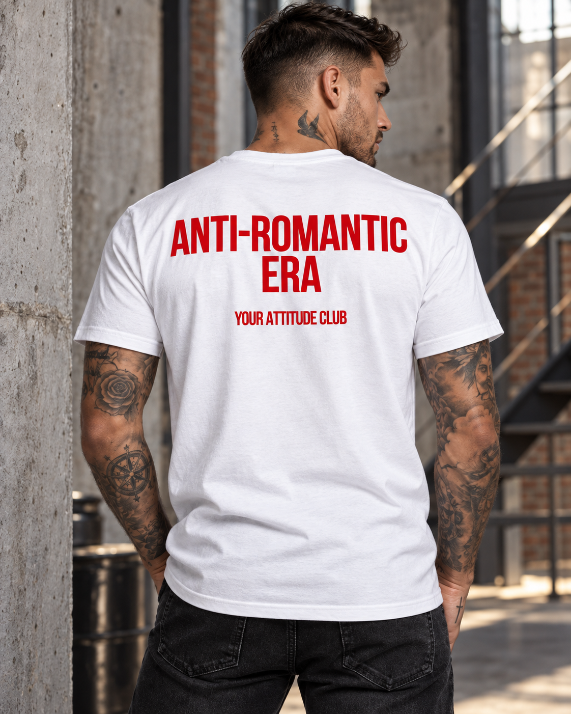 ANTI-ROMANTIC ERA – Unisex Statement T-Shirt Weiß mit rotem Backprint | freches Sprüche Shirt für Erwachsene